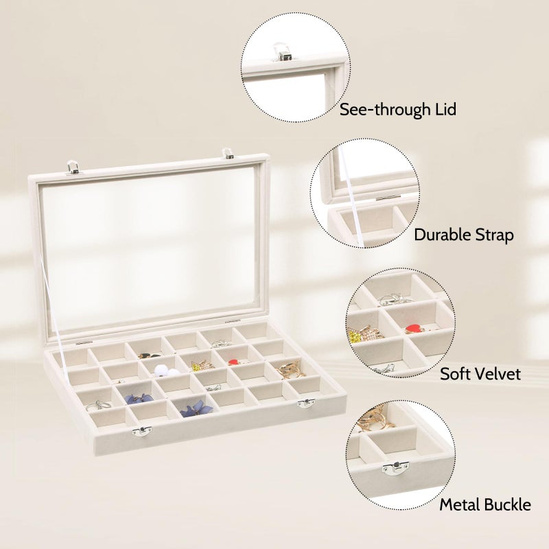 Stratalife Jewelry Organizer Jewelry Tray with Lid See-through Display Showcase Large Earring Organizer Velvet Storage Box for Earring Necklace Rings Dice Beige (24 Grids) - Image 2